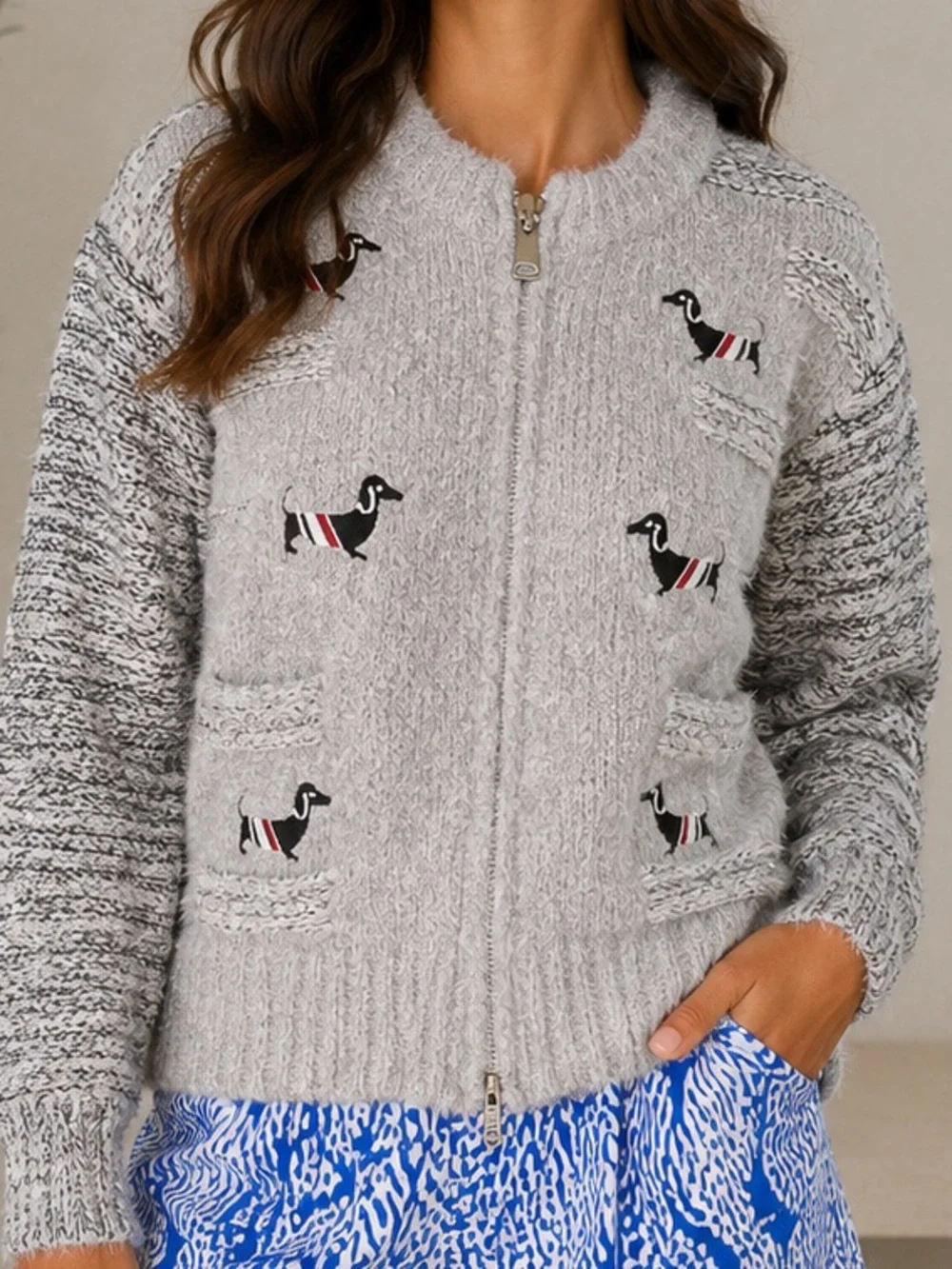DOG EMBROIDERED DOUBLE ZIP-UP KNITTED CARDIGAN